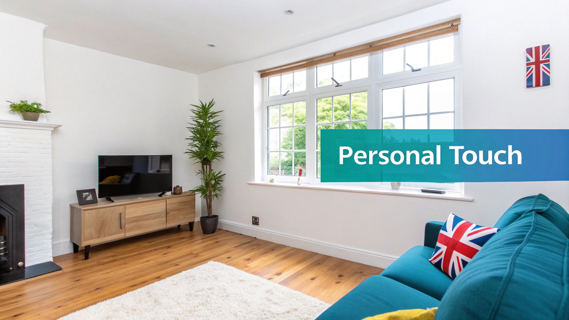 A cosy living room wall featuring an inspiring wall sticker with a saying