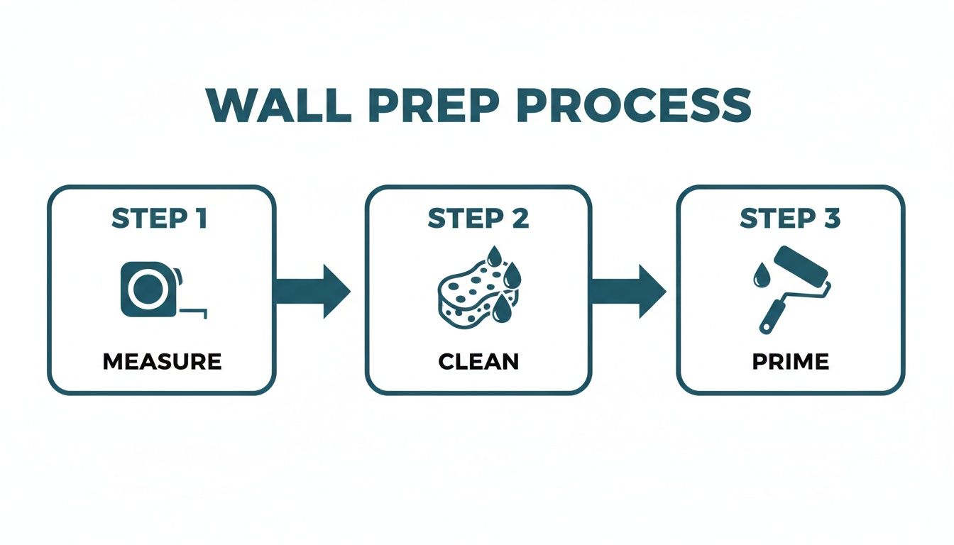 Flowchart outlining the three essential steps of the wall preparation process: measure, clean, and prime.