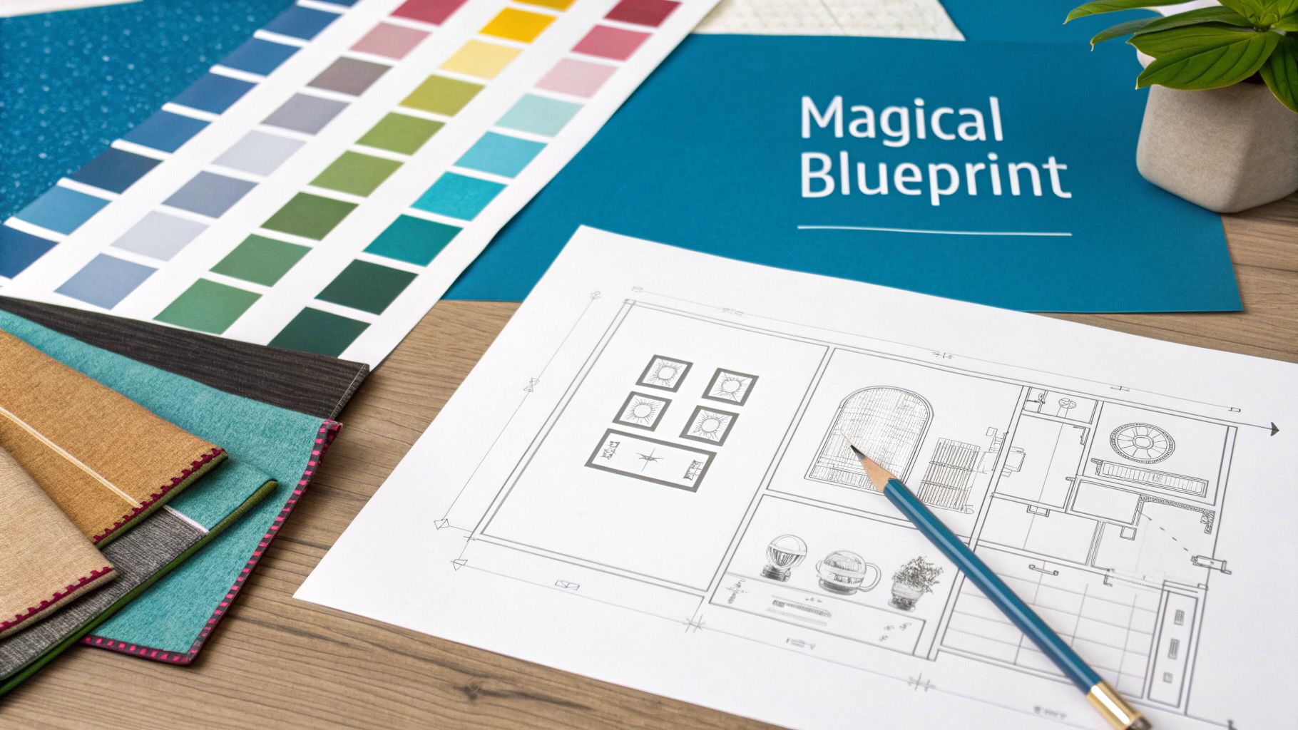 Overhead shot of an interior designer's desk with a blueprint, color swatches, and fabric samples.