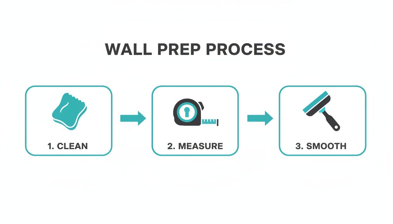 Infographic showing three steps for wall preparation: clean with a sponge, measure with a tape, and smooth with a squeegee.