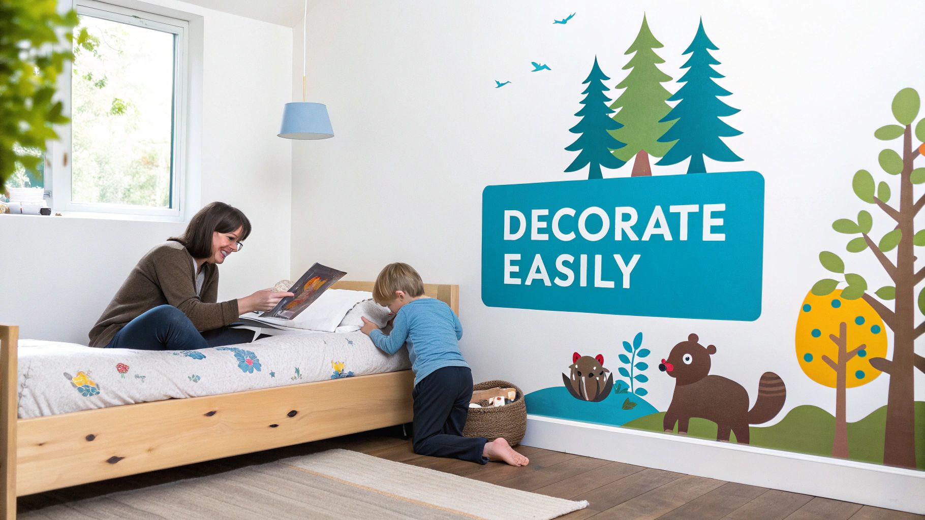 A woman reads to a child in a bright room decorated with vibrant forest wall decals.