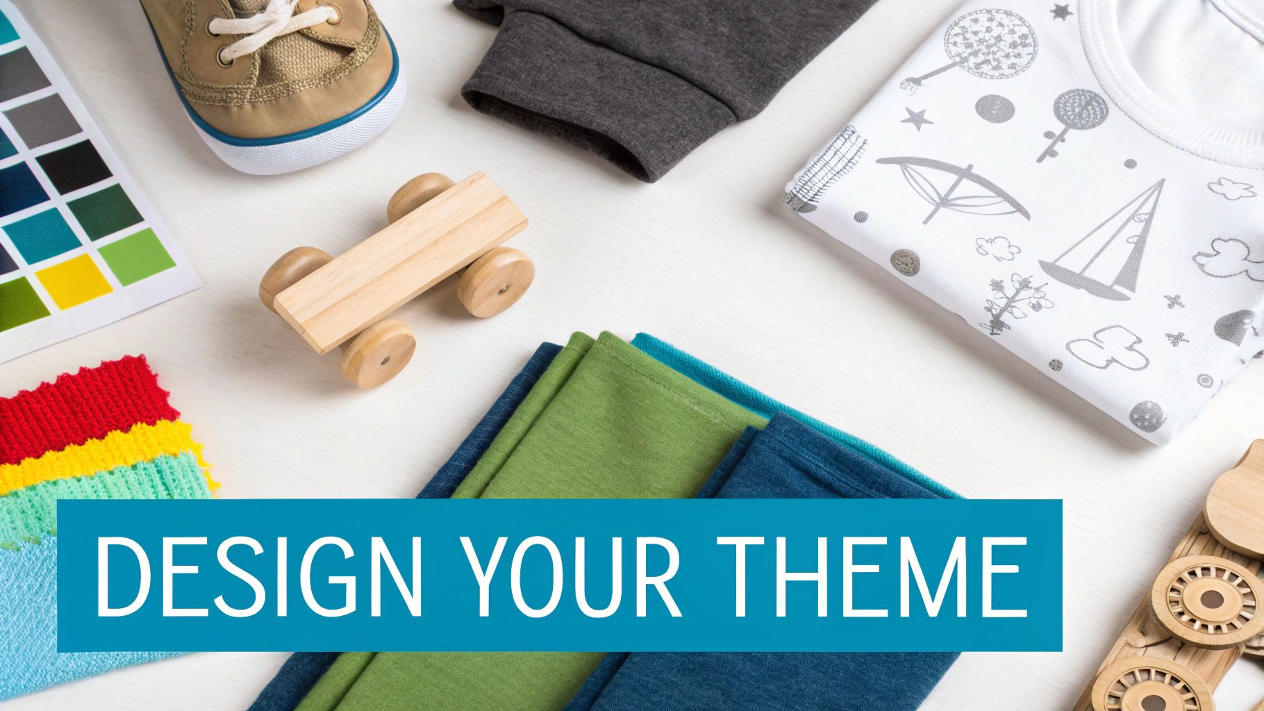 Overhead view of baby clothes, a shoe, wooden toys, color swatches, and 'DESIGN YOUR THEME' text.