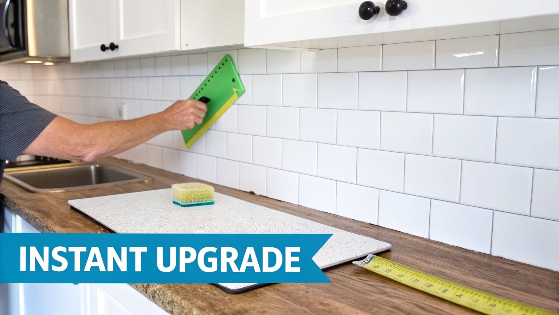 A person applies grout to a newly installed white subway tile backsplash in a modern kitchen.