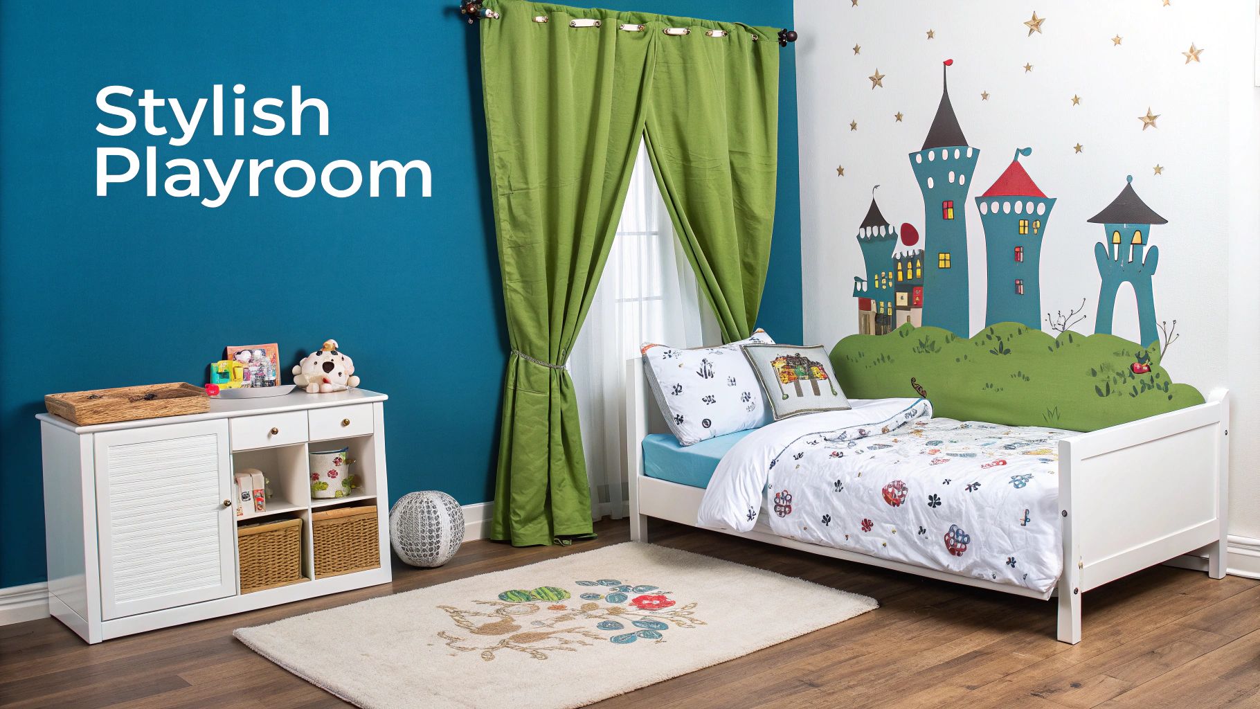 A stylish children's playroom featuring a fairytale castle wall decal, white toddler bed, and storage unit.