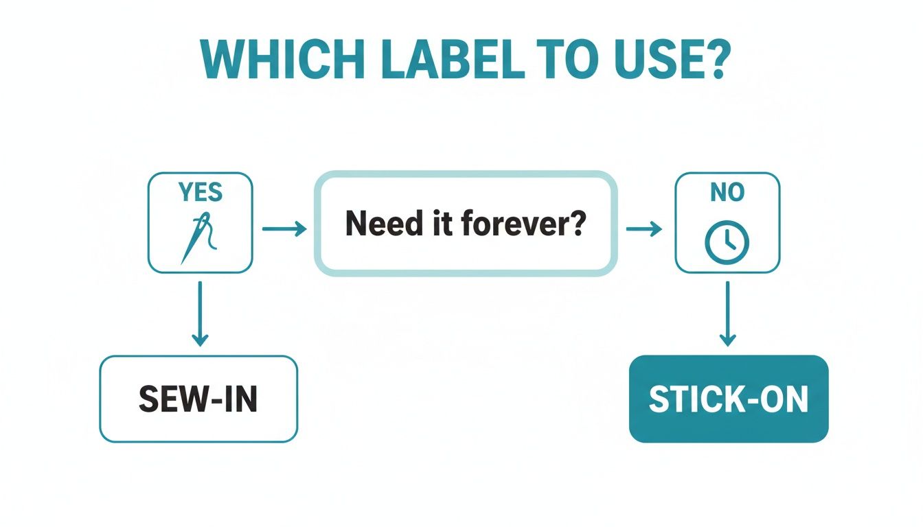 Flowchart demonstrating how to choose between sew-in and stick-on labels based on desired permanence.