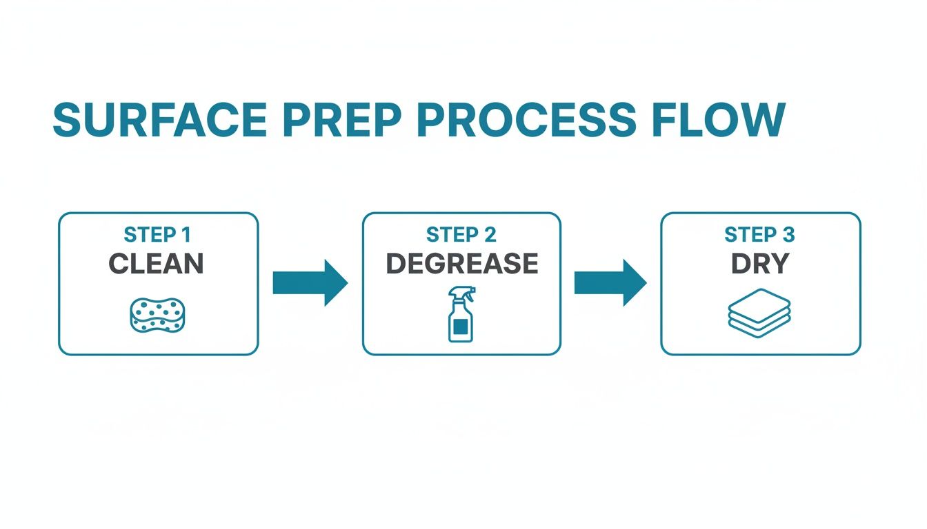 A surface preparation process flow diagram with three steps: clean, degrease, and dry.