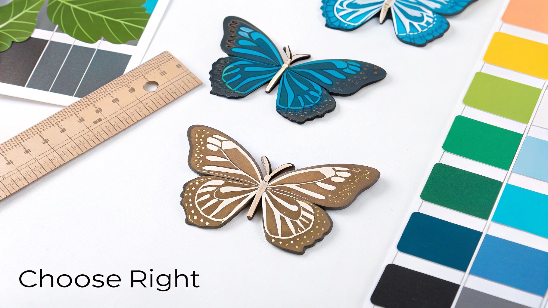 Decorative blue and brown butterflies displayed with color swatches and a ruler on a white surface.