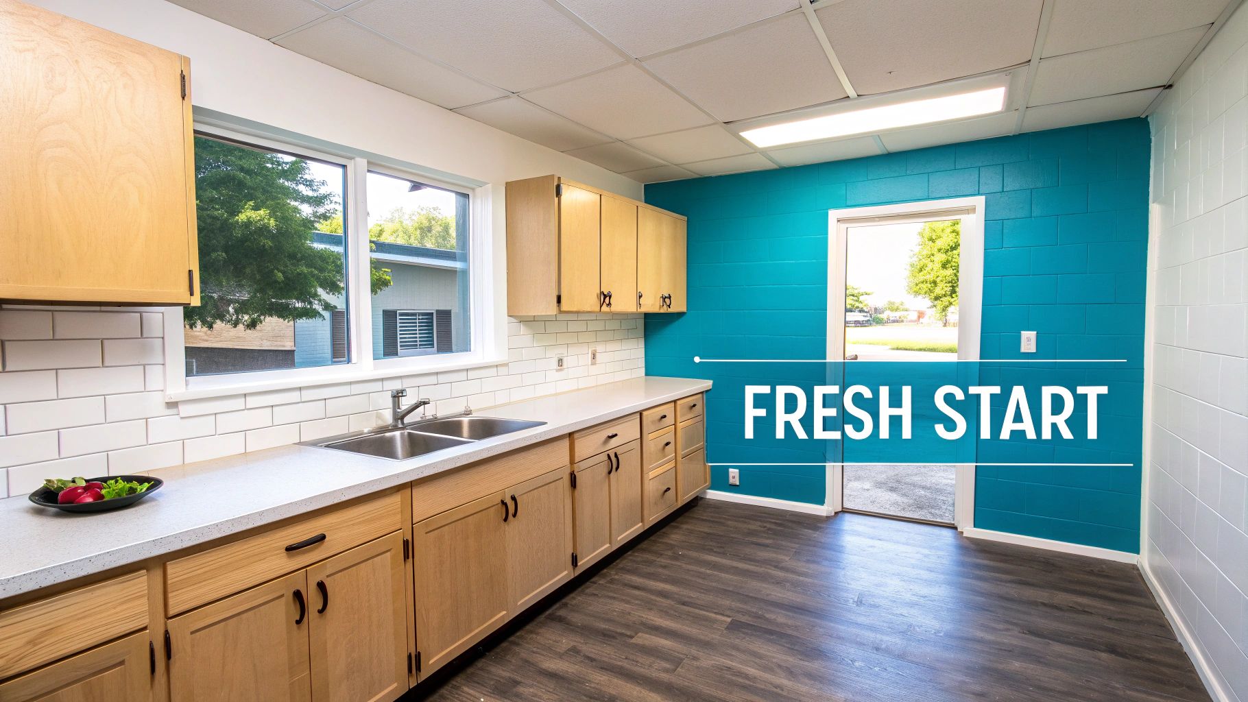 A bright, renovated kitchen with light wood cabinets, white subway tiles, a double sink, and a vibrant teal accent wall.