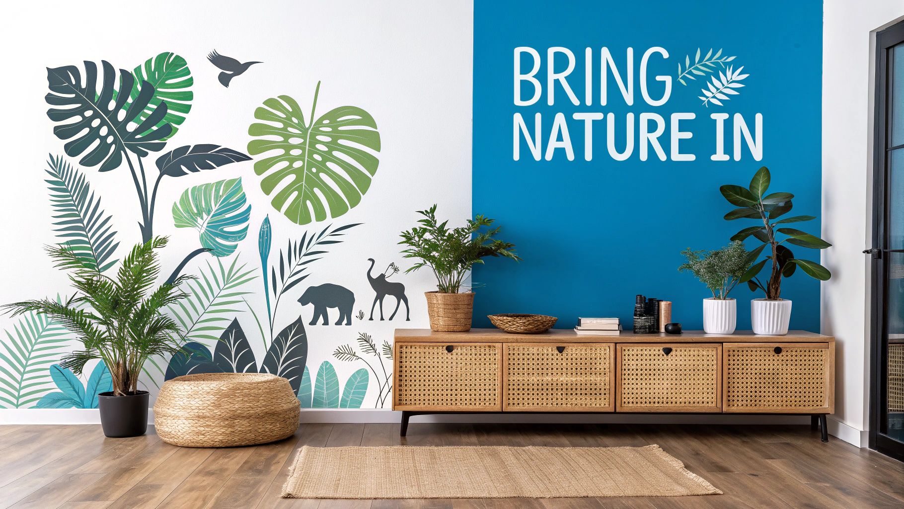 A beautifully decorated child's room featuring a large jungle wall sticker with animals and tropical leaves.