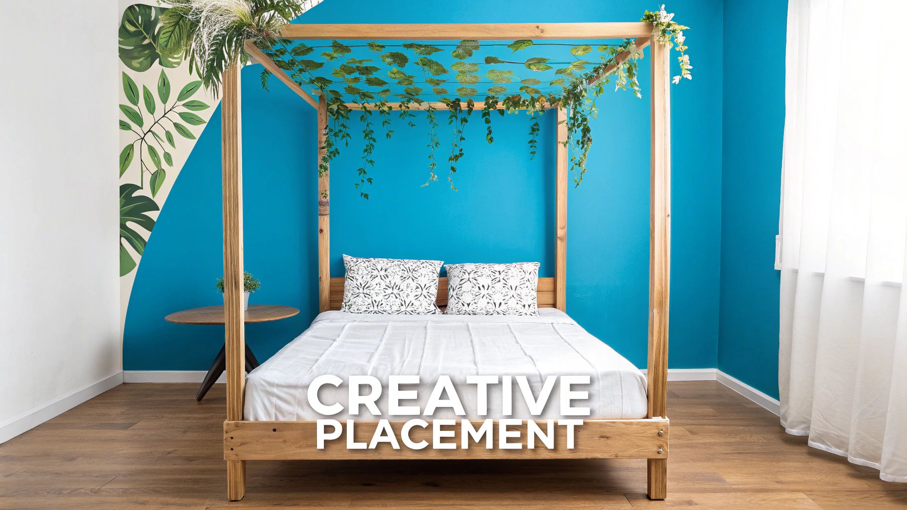 A creatively decorated bedroom featuring a wooden four-poster bed, green vines, and a leaf wall mural.