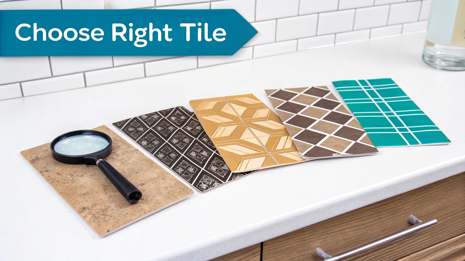 Multiple patterned tile samples and a magnifying glass on a counter, with a banner: 'Choose Right Tile'.