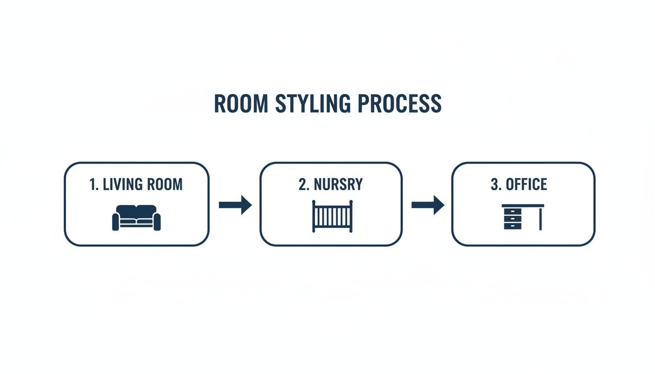 Flowchart outlining a room styling process, showing steps for living room, nursery, and office design.