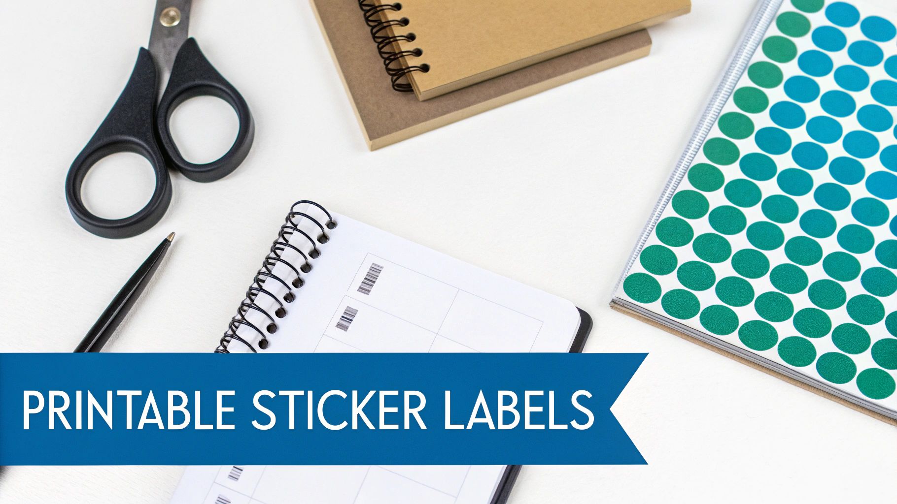 A flat lay of office supplies including scissors, notebooks, and colorful round stickers, with a banner that says 'PRINTABLE STICKER LABELS'.