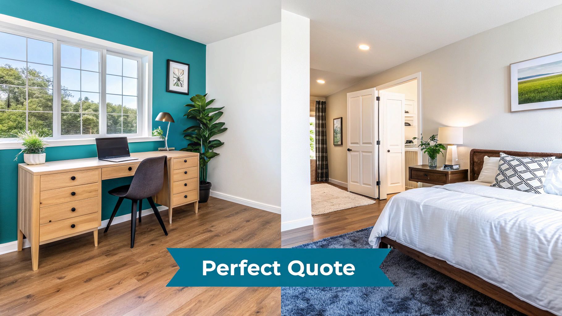 A modern bedroom with a calming wall sticker quote above the bed