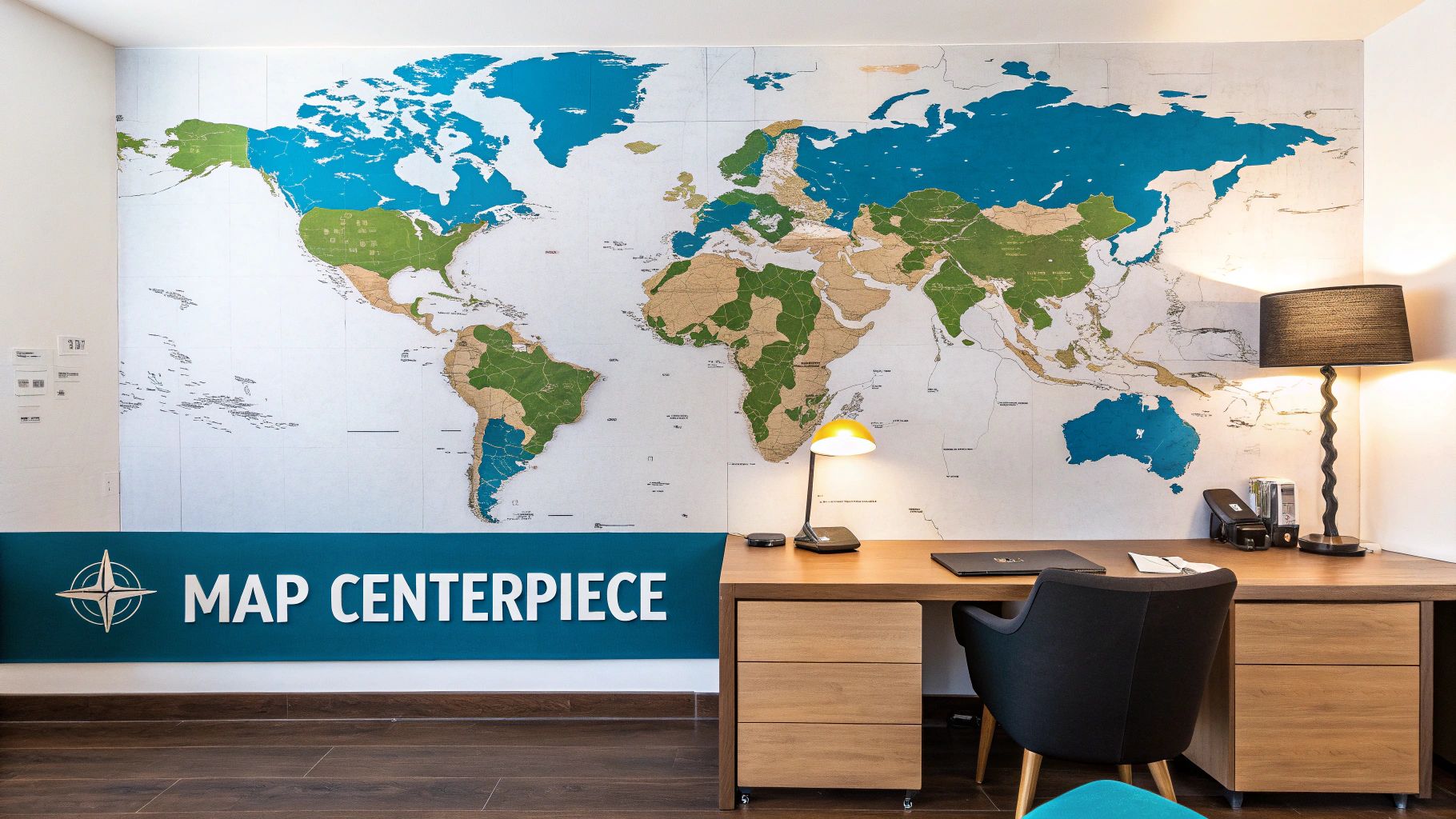 A large, colorful world map mural covers a wall above a modern wooden desk with two lamps and a chair.