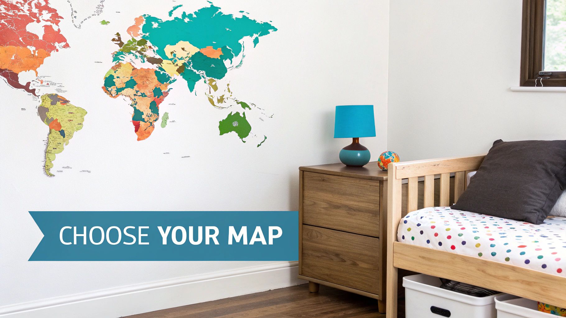 Colorful world map wall decal displayed in modern child's bedroom with wooden furniture and blue lamp