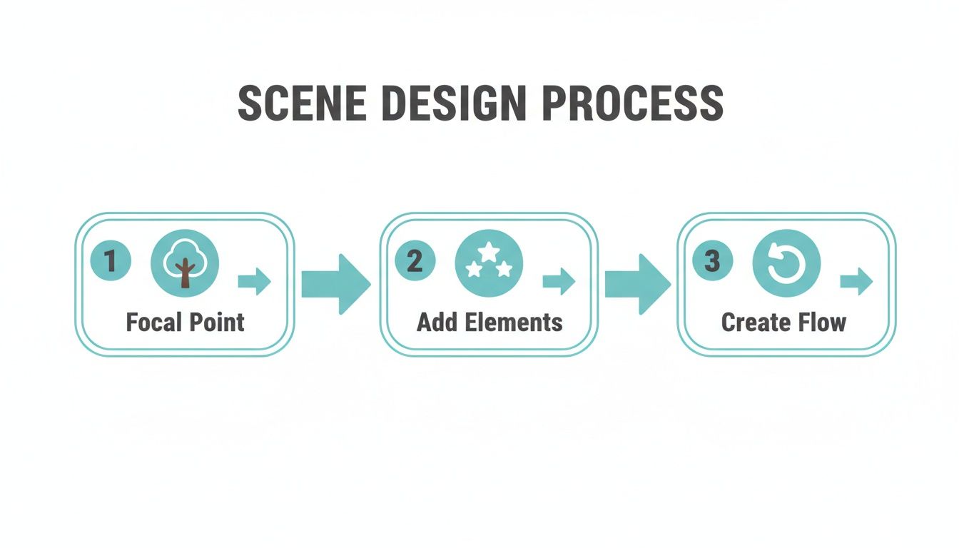 A flowchart illustrates the scene design process with three sequential steps: Focal Point, Add Elements, and Create Flow, shown with icons.