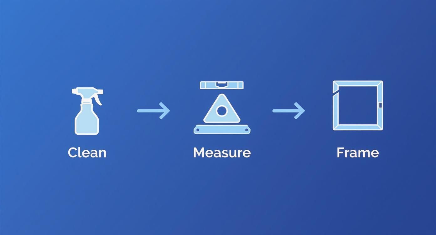 Visual representation of a three-step process: clean with a spray bottle, measure with a level, then frame.