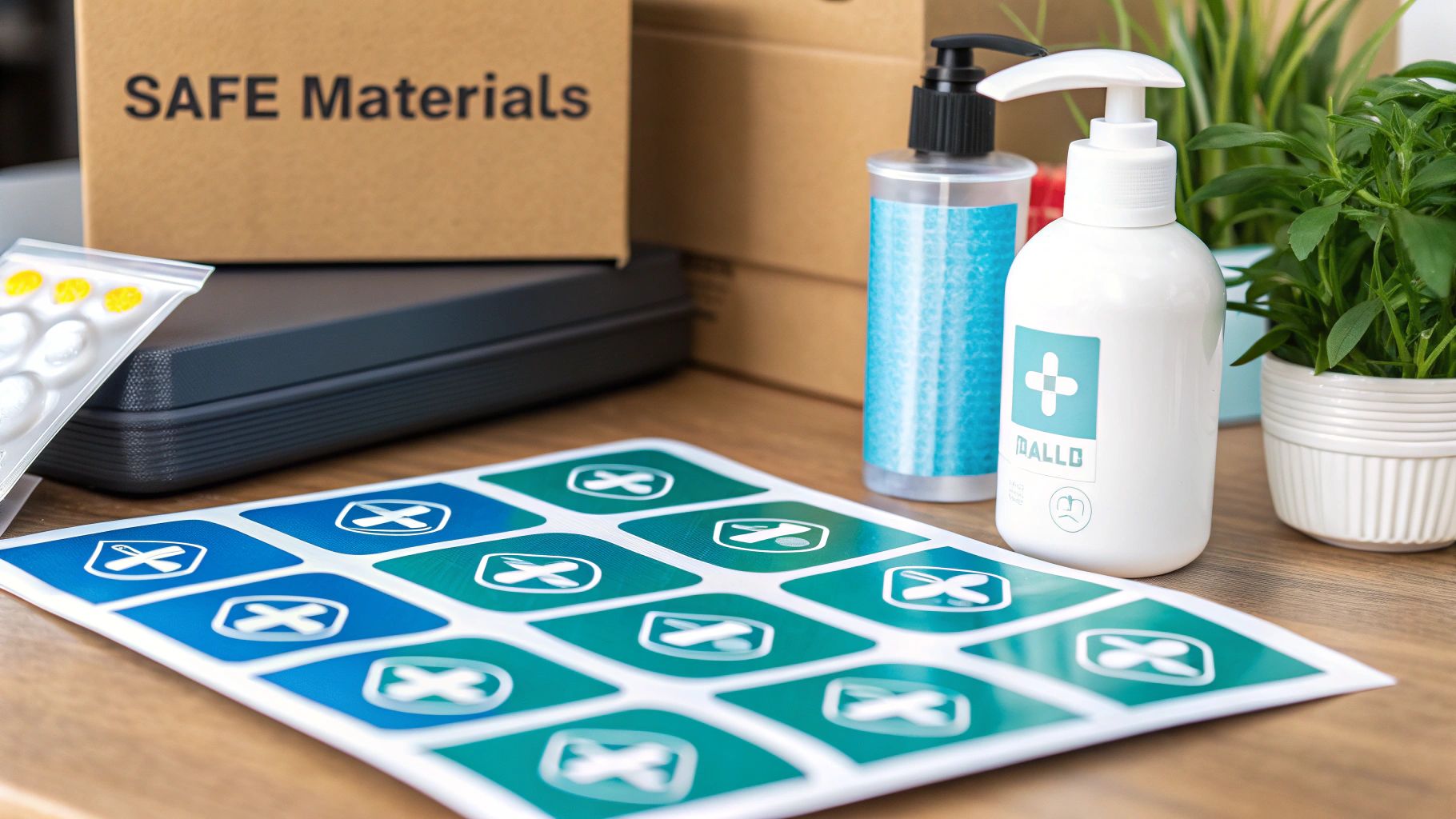 Close-up of a table with hygiene products, medical supplies, and a box labeled 'SAFE Materials'.
