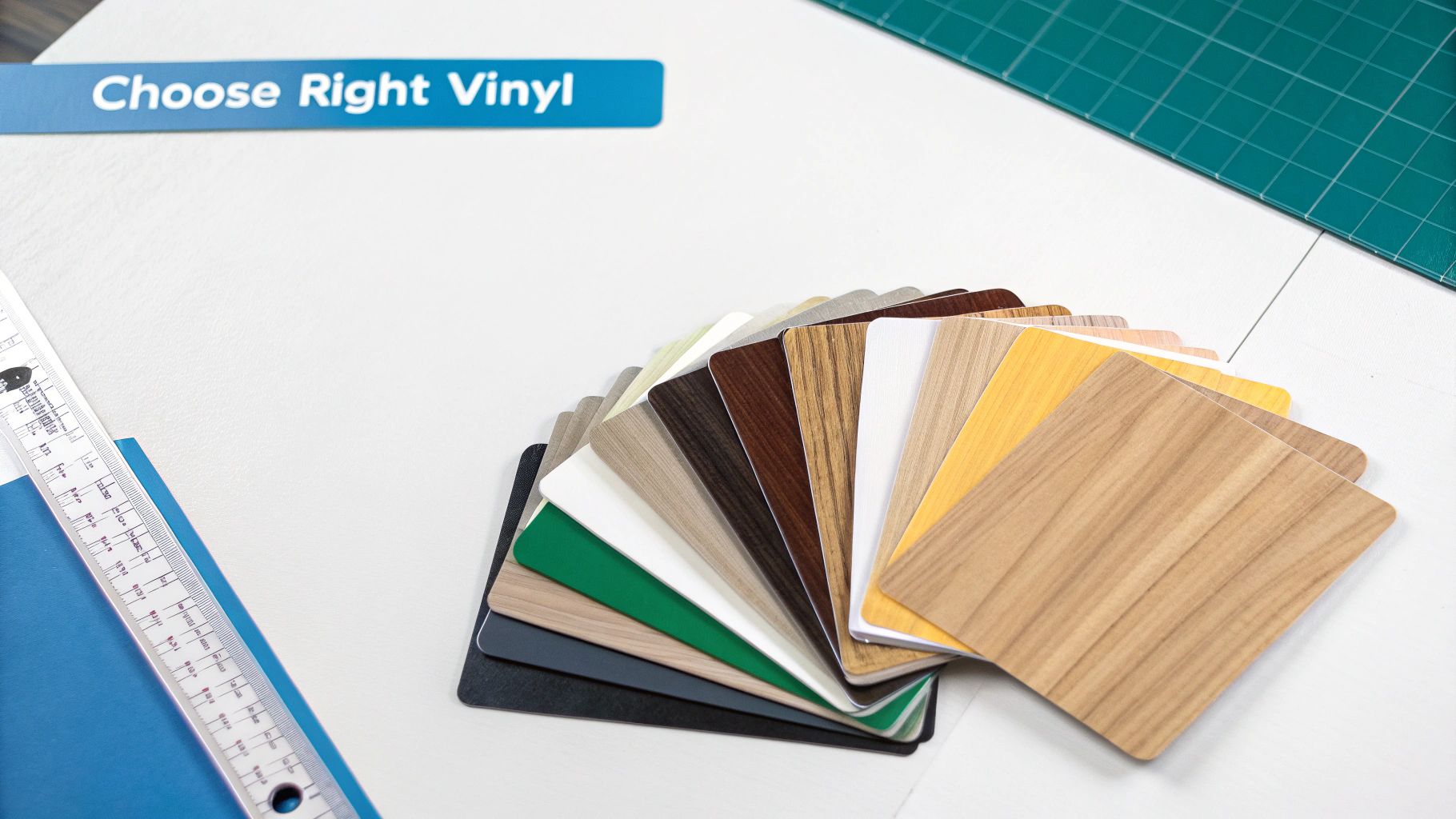 A fan of diverse vinyl samples, showcasing various colors and wood textures for furniture wrap selection.
