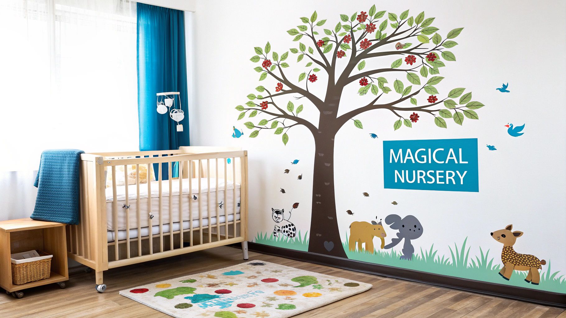 A whimsical nursery room featuring a large tree wall sticker, animal decals, and a wooden crib.