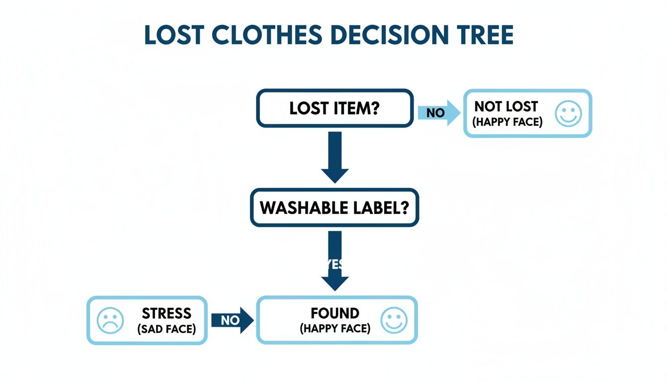 A decision tree flowchart explaining steps for finding lost clothes using washable labels, resulting in happy or sad outcomes.