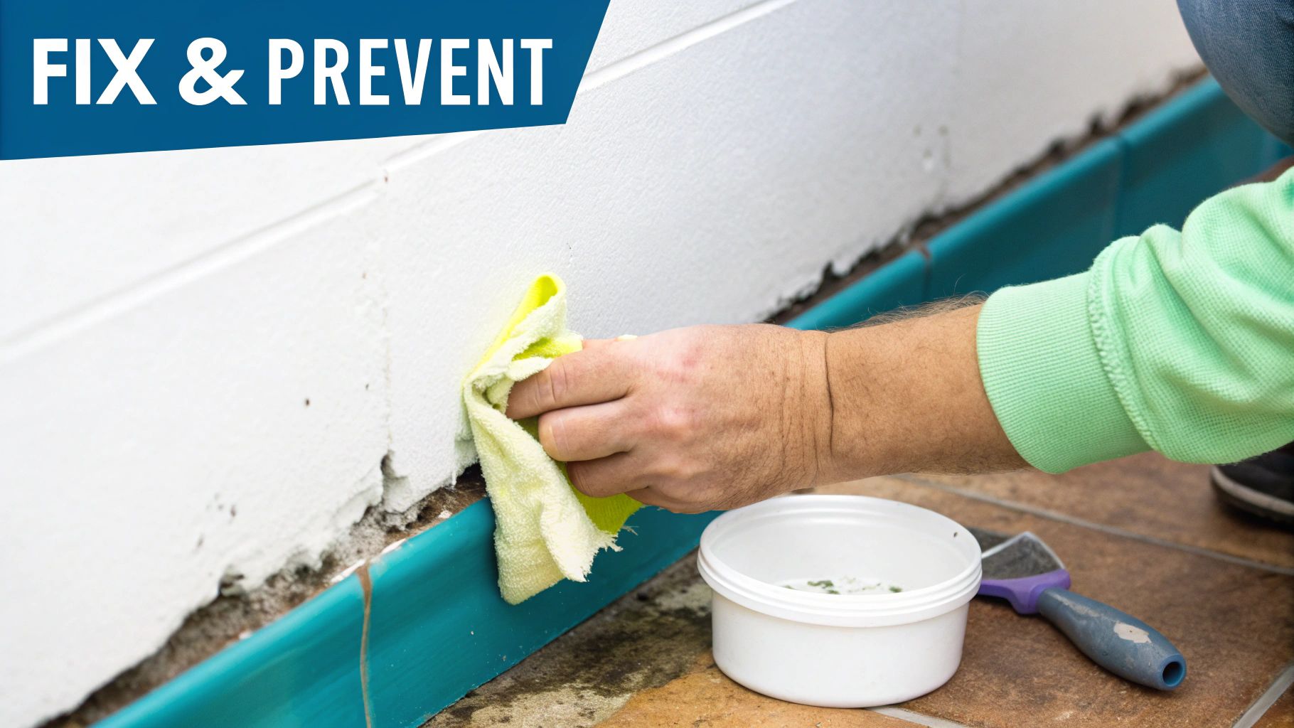 Close-up of a person cleaning a white wall near a blue baseboard with a yellow cloth.