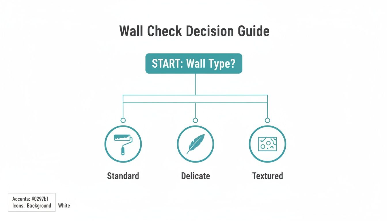Flowchart outlining a Wall Check Decision Guide, categorizing walls into Standard, Delicate, and Textured types.