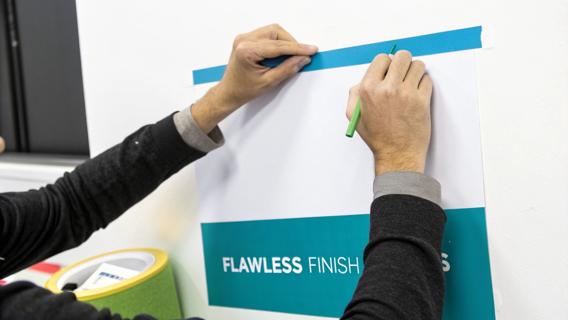 Hands affixing a poster with "FLAWLESS FINISH" to a white wall using blue adhesive tape.