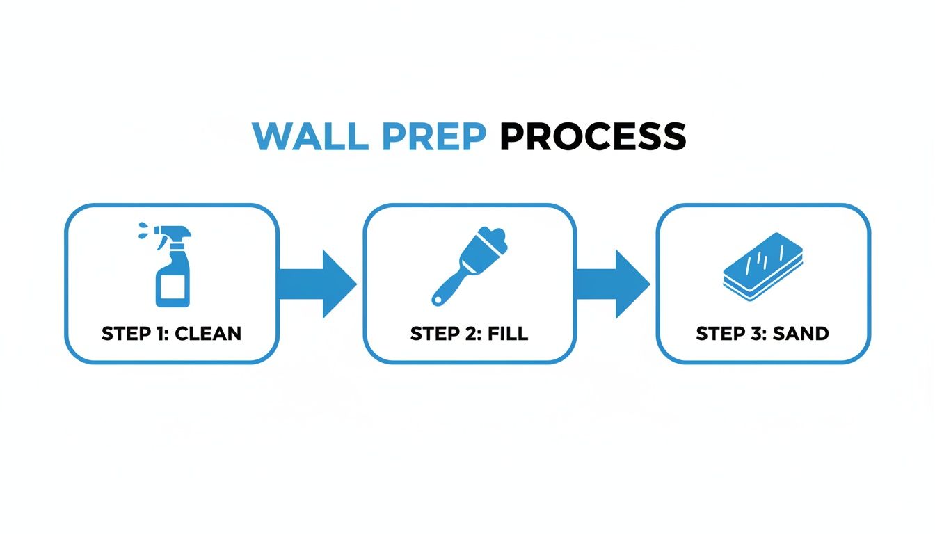 A wall prep process showing three steps: clean with a spray bottle, fill with a spreader, and sand with a sanding block.