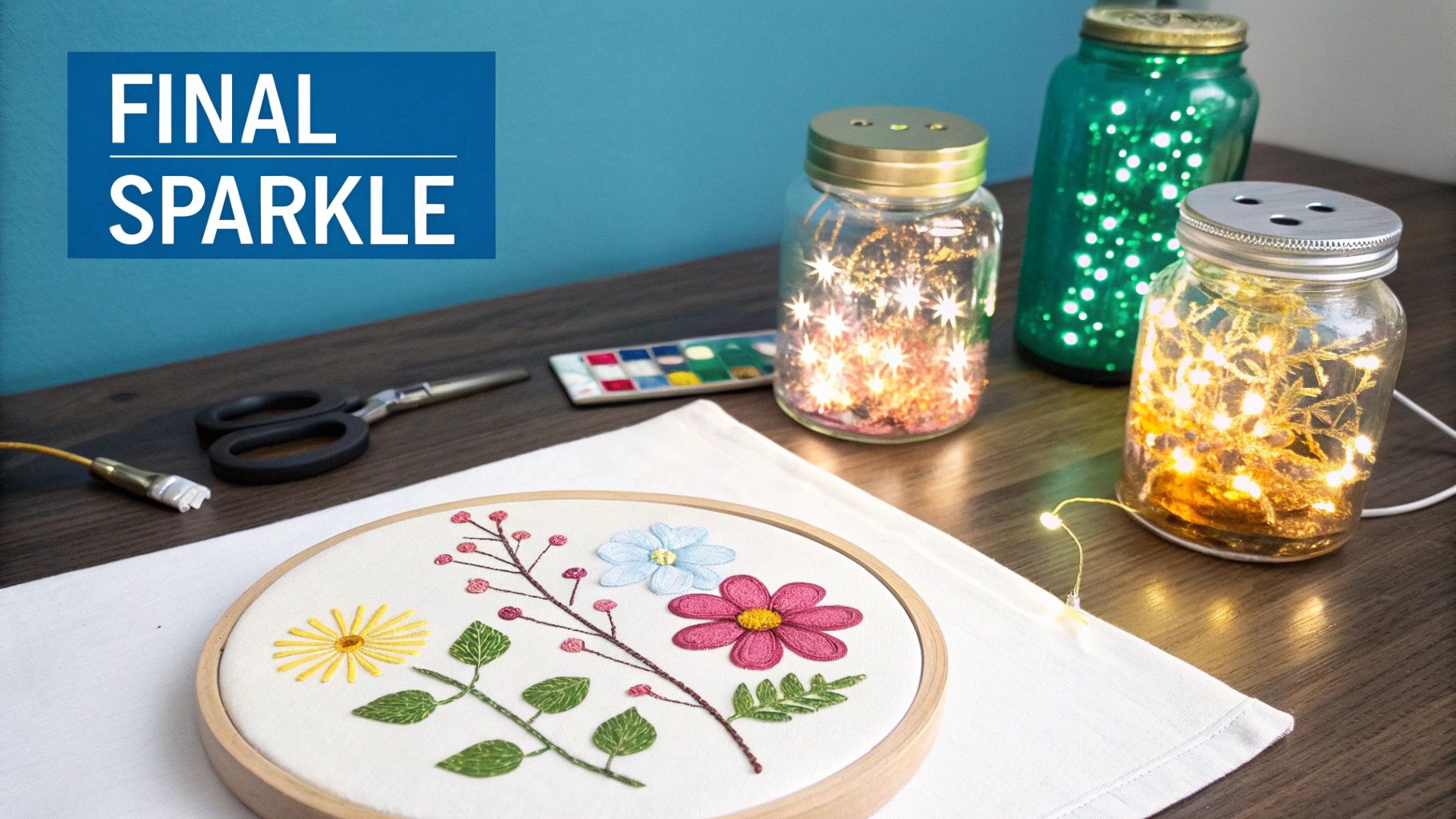 A creative crafting setup with an embroidered hoop, scissors, and three sparkling fairy light jars.