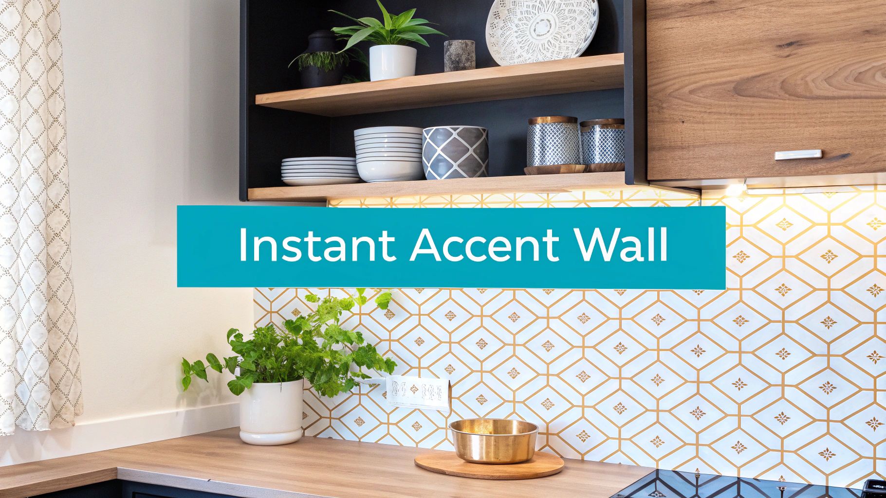 A modern kitchen with white and gold geometric tile backsplash, wooden countertops, open shelving, and plants.