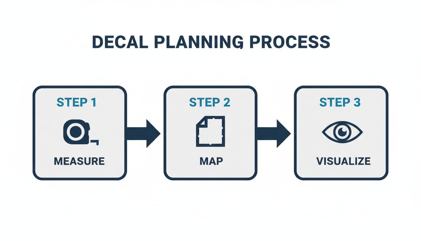 Infographic showing a three-step decal planning process: measure, map, and visualize.