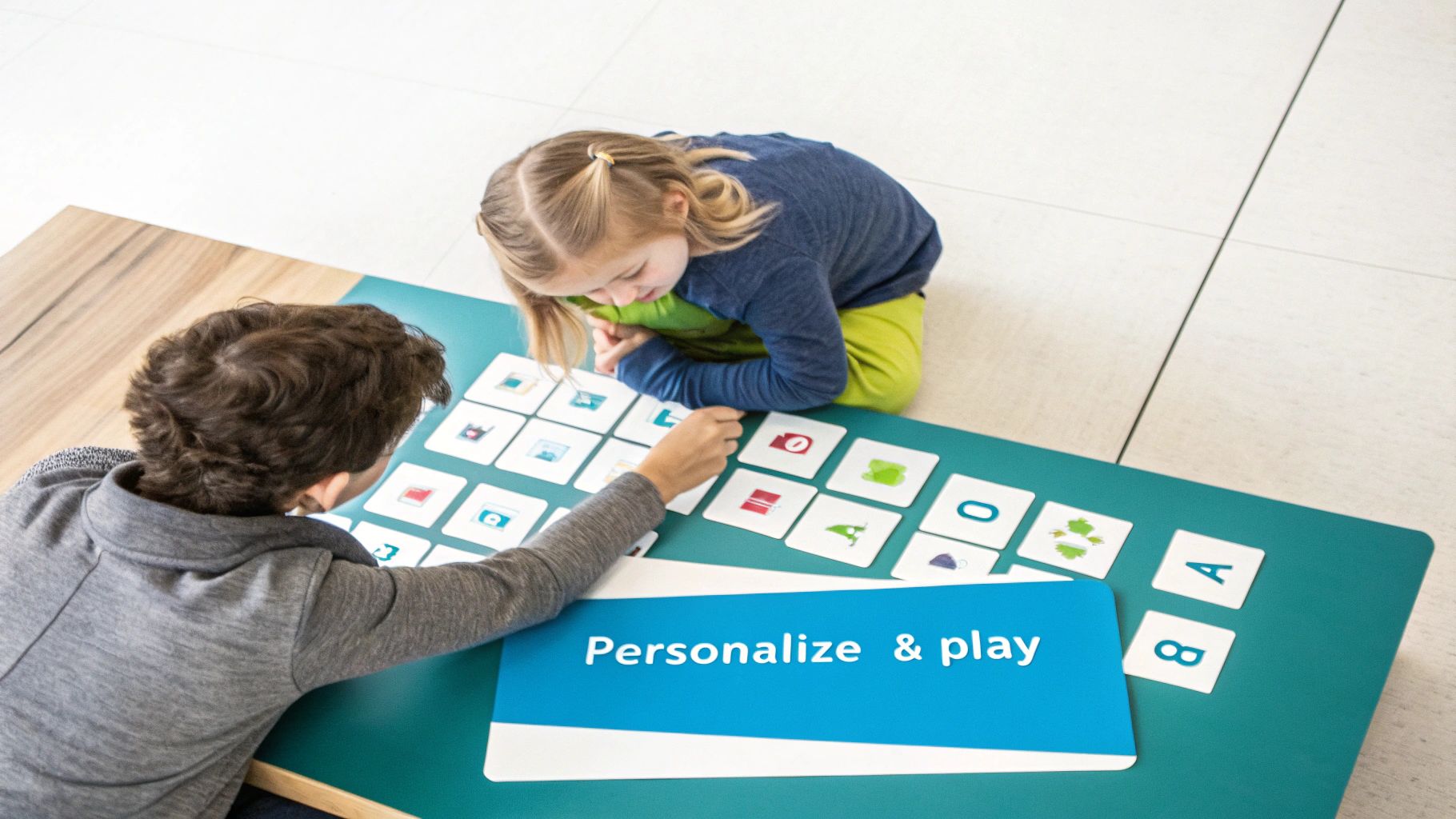 Two children engage in interactive learning with educational cards on a table, featuring 'Personalize & play' text.