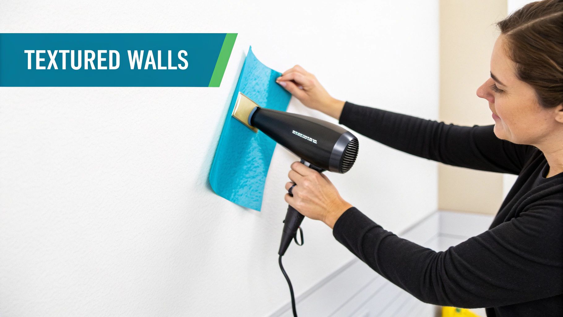 A woman applies a blue wall decal to a textured white wall using a hairdryer and tool.