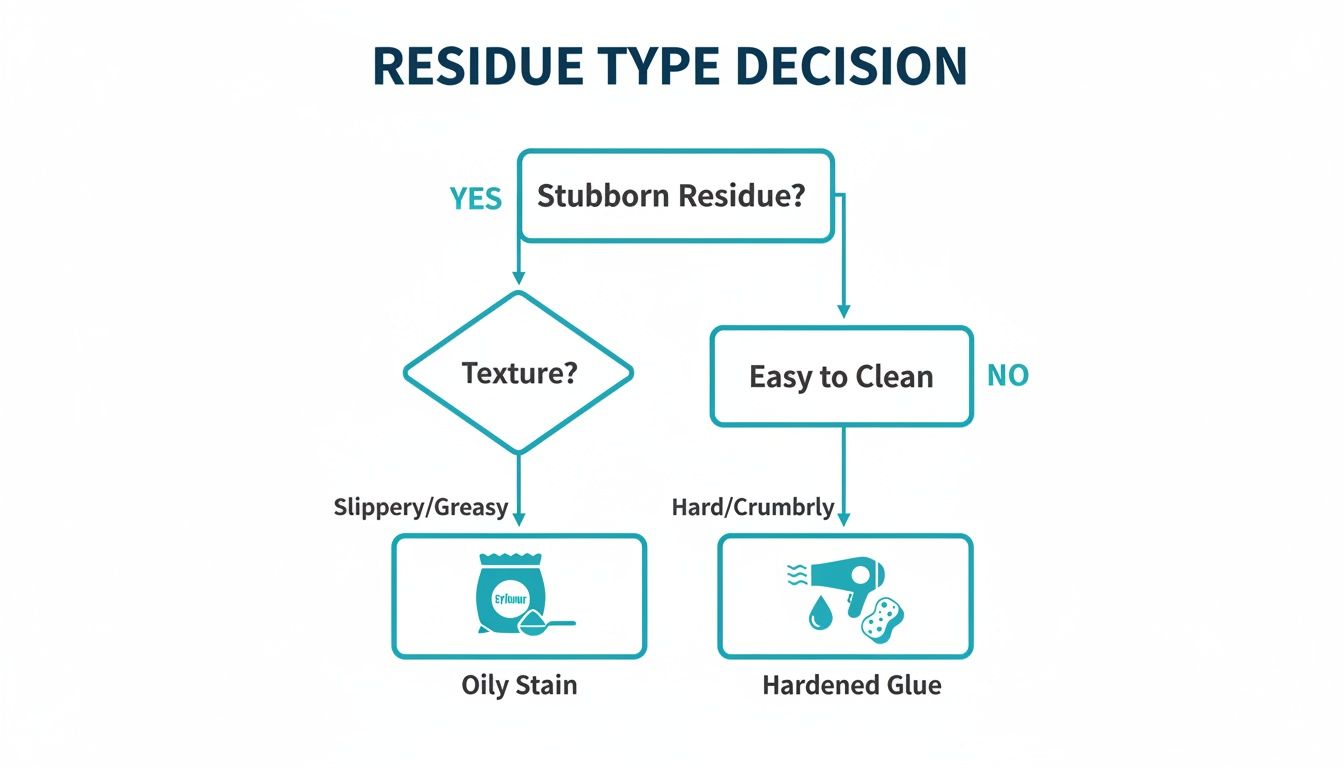 Flowchart identifying residue types: stubborn vs. easy to clean, and oily stain vs. hardened glue.