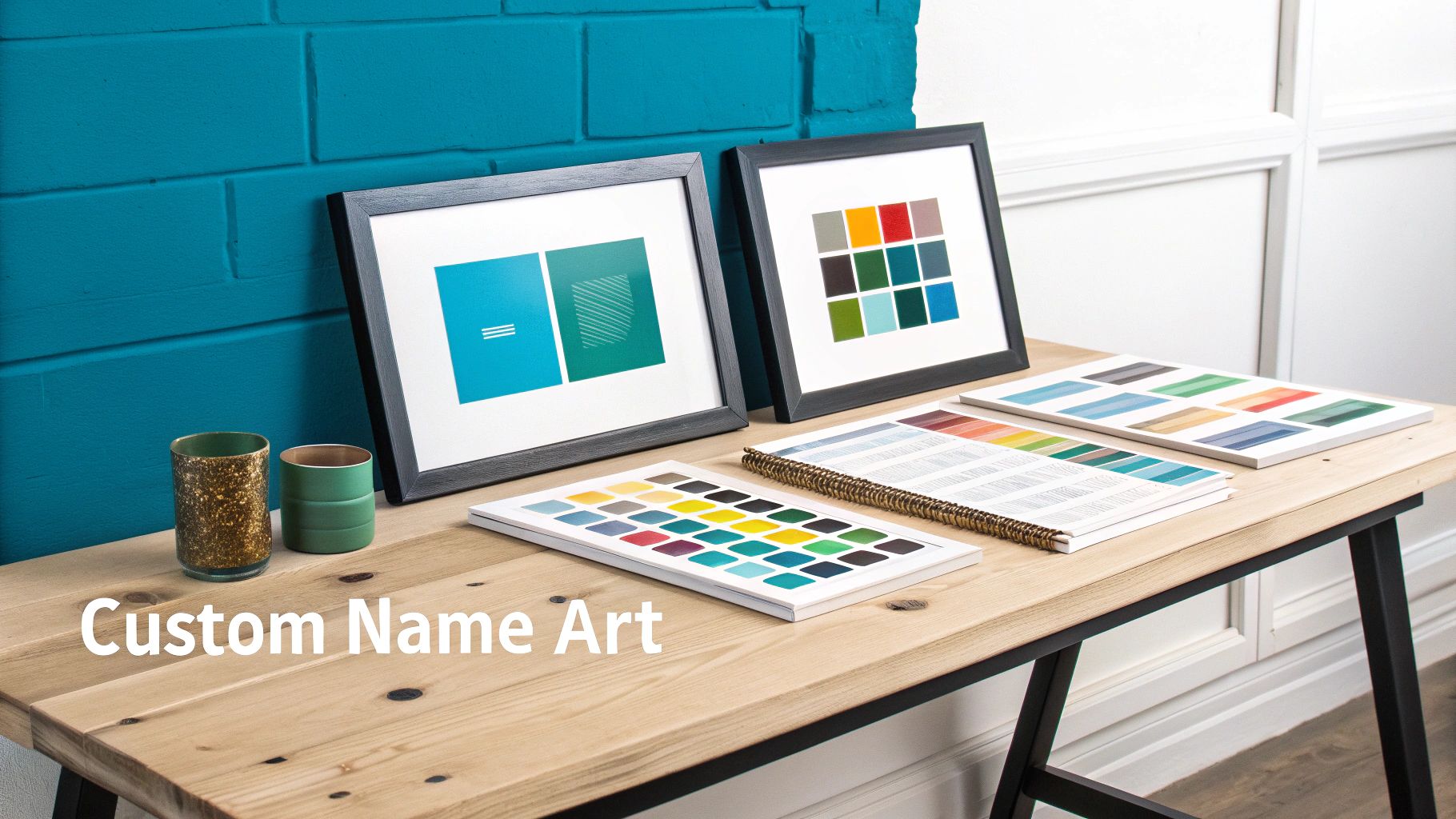A stylish desk setup with framed abstract art, color swatch books, and decorative cups against a blue brick wall.