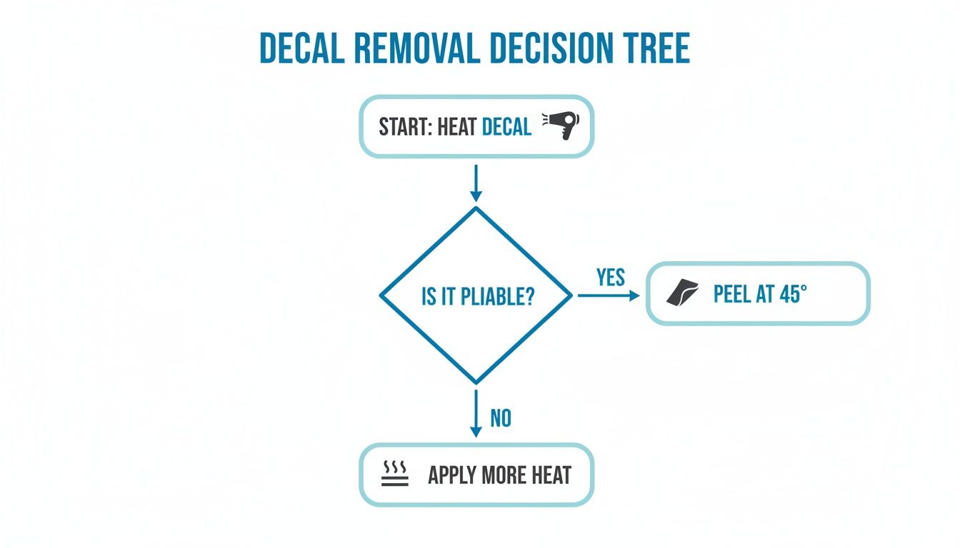A decision tree flowchart detailing the steps for removing a decal, involving heating and checking pliability.