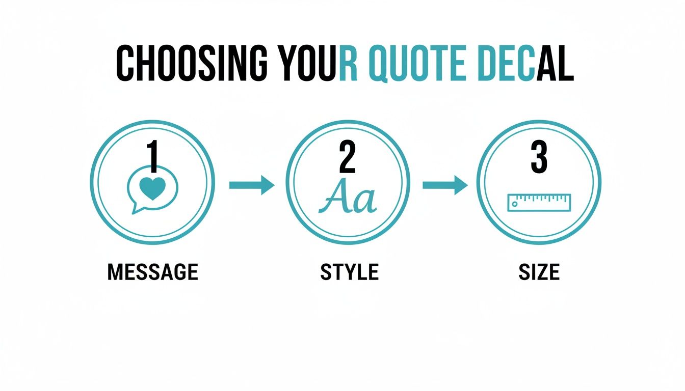 Infographic showing three simple steps to choose a personalized quote decal: message, style, and size.