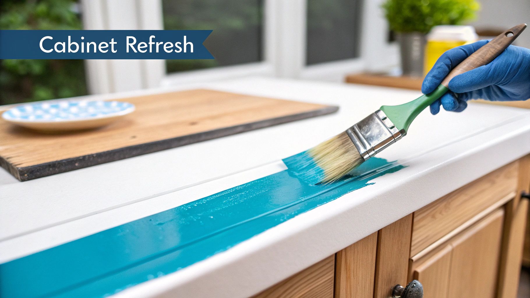 Hand wearing blue glove painting white cabinet with turquoise paint during kitchen renovation project