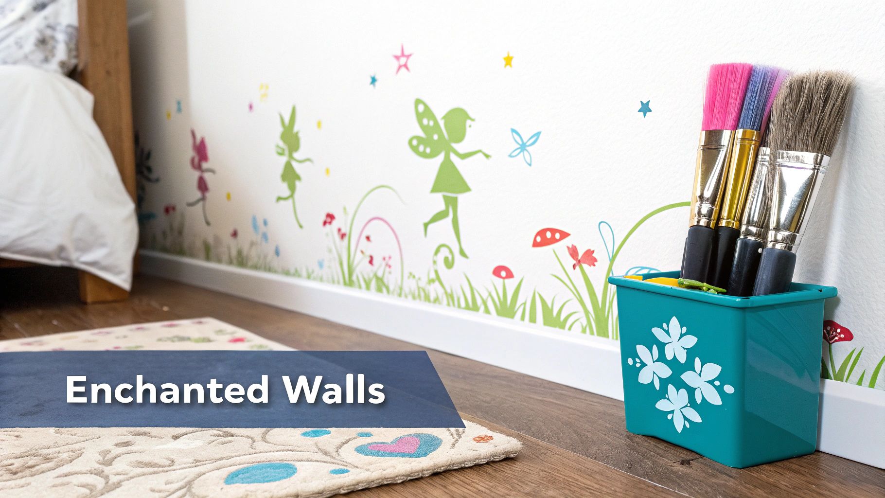 A child's bedroom wall with colorful fairy and nature decals, featuring paintbrushes in a teal holder on the wooden floor.