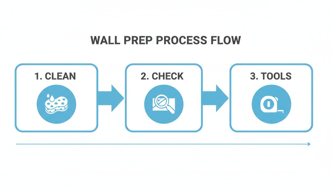 Wall prep process flow diagram showing three steps: clean, check, and gather tools.