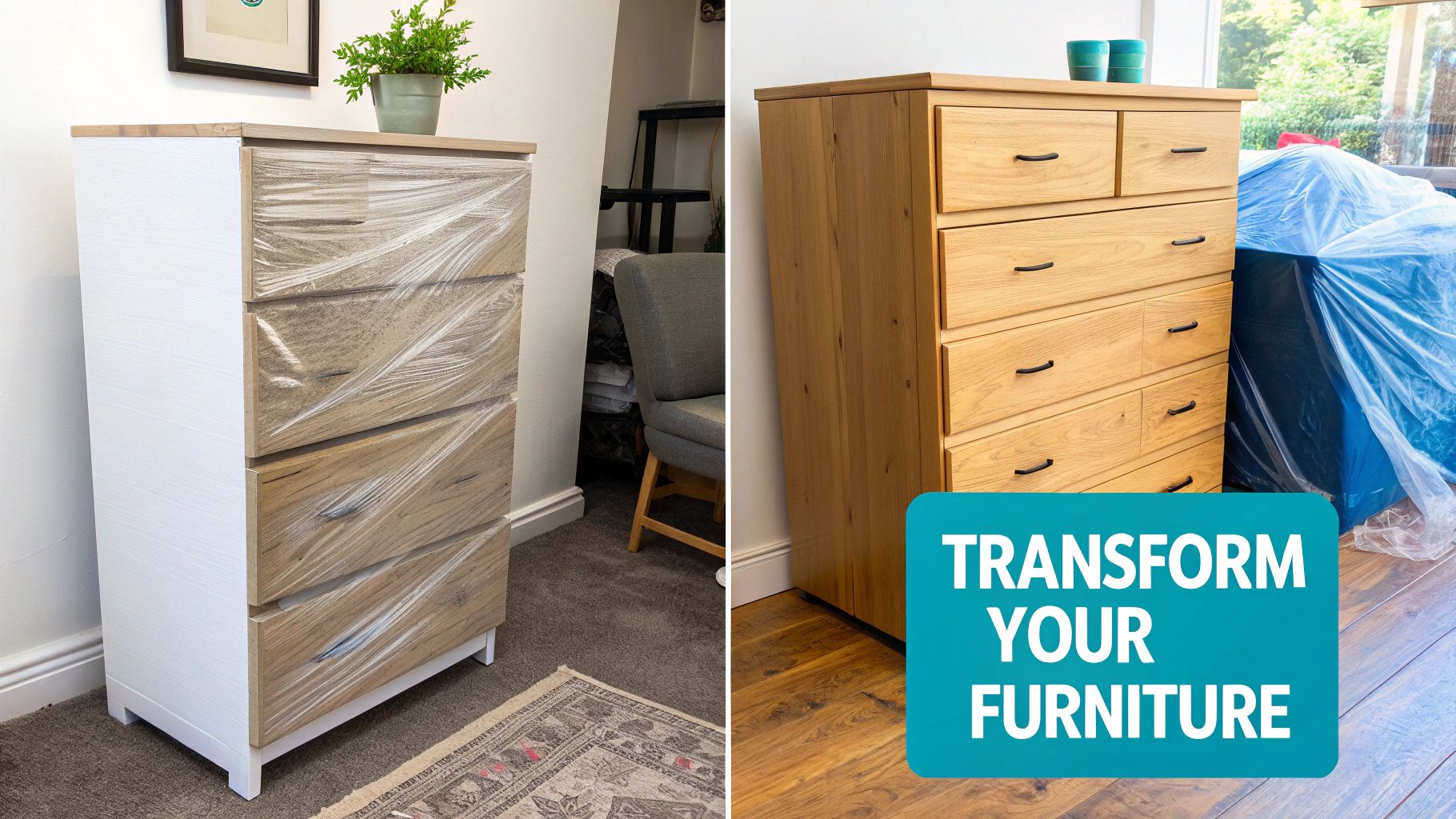 Before and after image of a wooden chest of drawers, showcasing a furniture transformation from wrapped to finished.