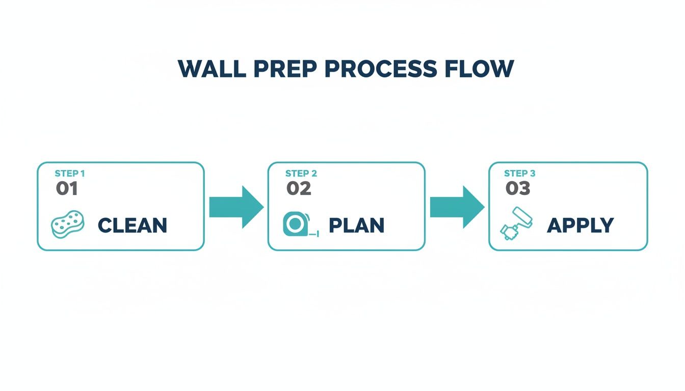 A three-step wall preparation process flow diagram showing Clean, Plan, and Apply.
