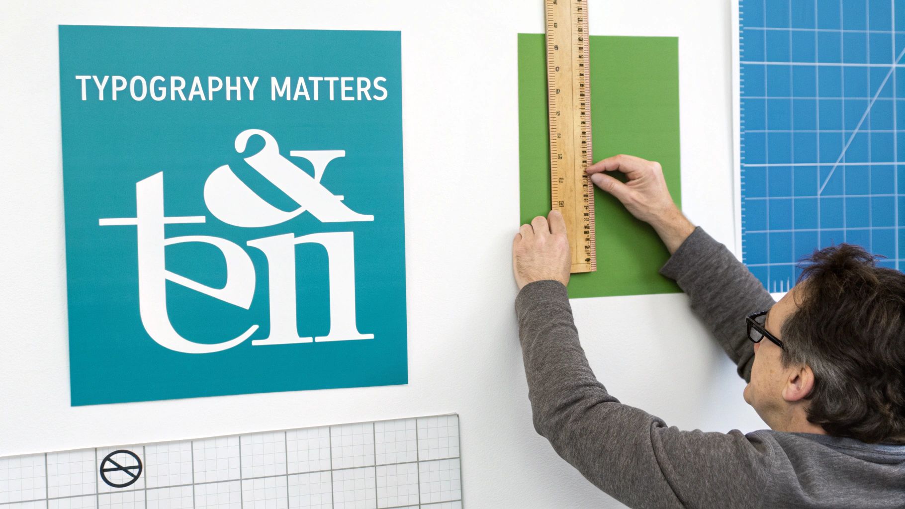 A person measures a green paper with a wooden ruler next to a Typography Matters poster.