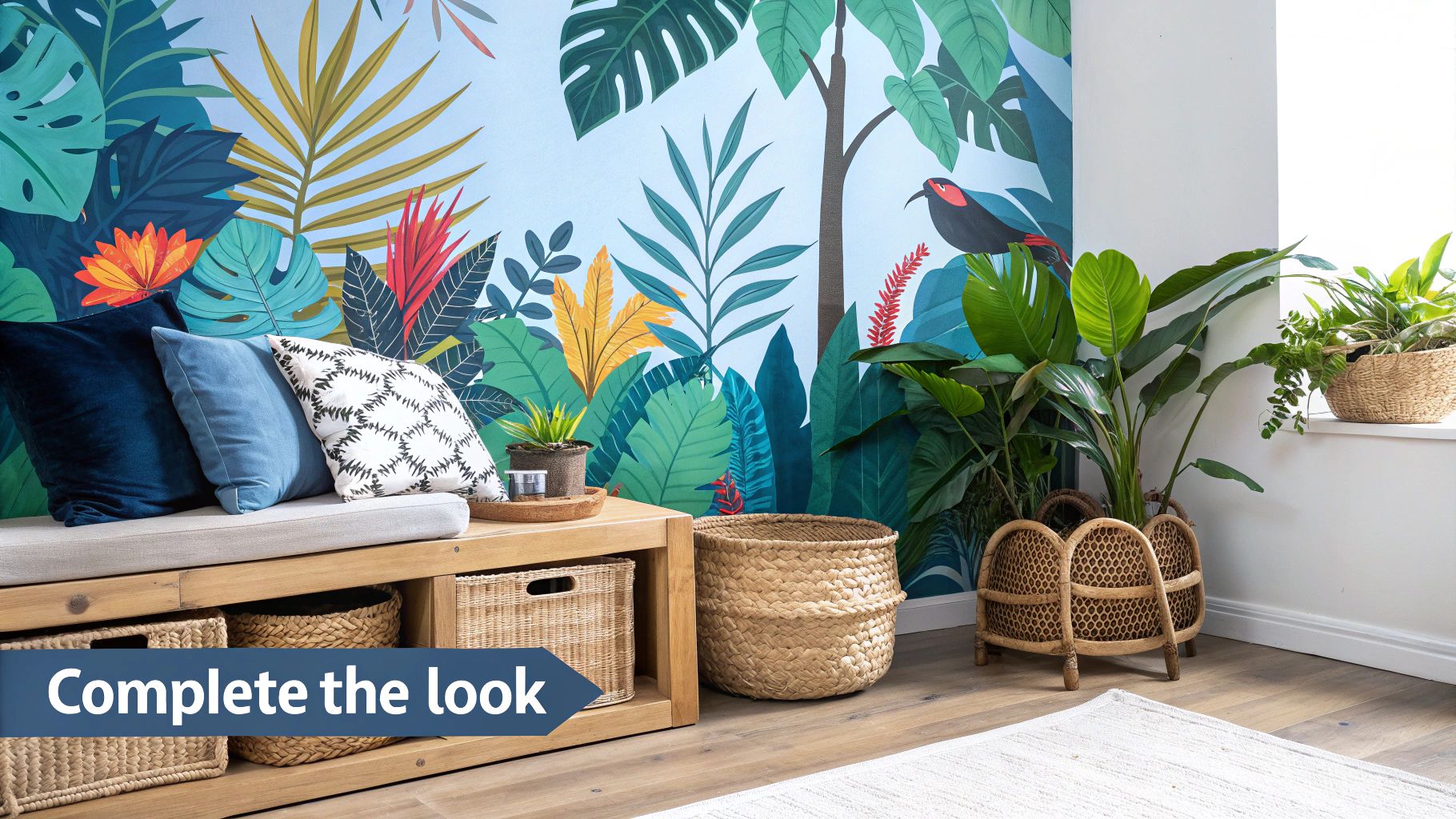 A stylish living room with a jungle-themed wall sticker, complemented by green plants, wooden furniture, and neutral-toned soft furnishings.