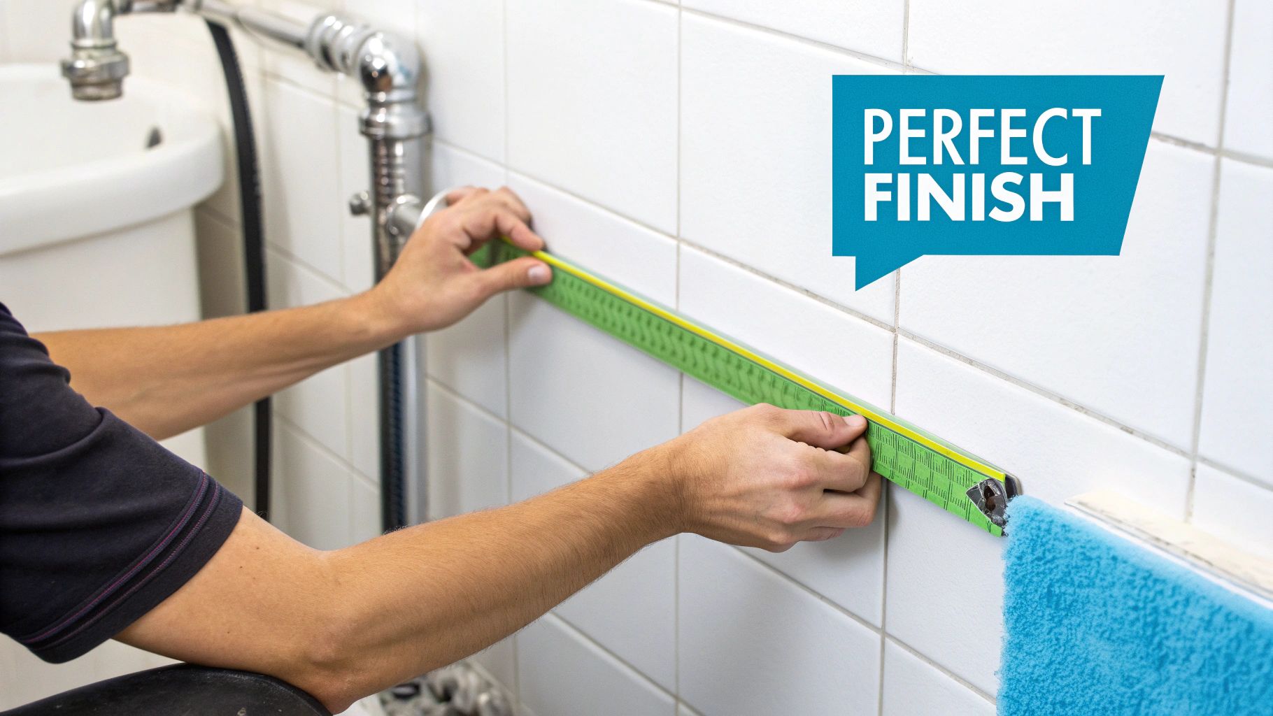 Person measuring a white tiled bathroom wall with a green folding ruler for installation.