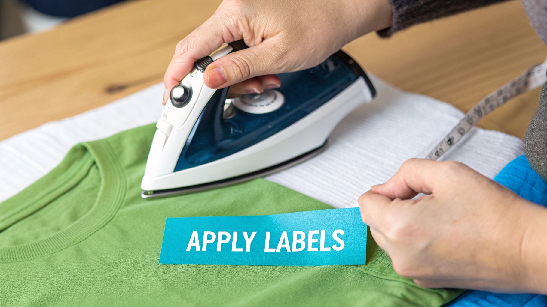 Person using iron to apply heat transfer name labels onto green children's clothing