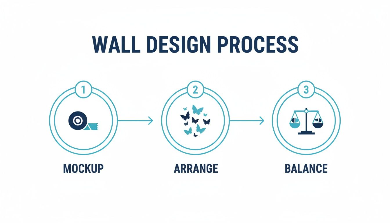 Infographic showing a three-step wall design process: mockup (tape), arrange (butterflies), and balance (scale).