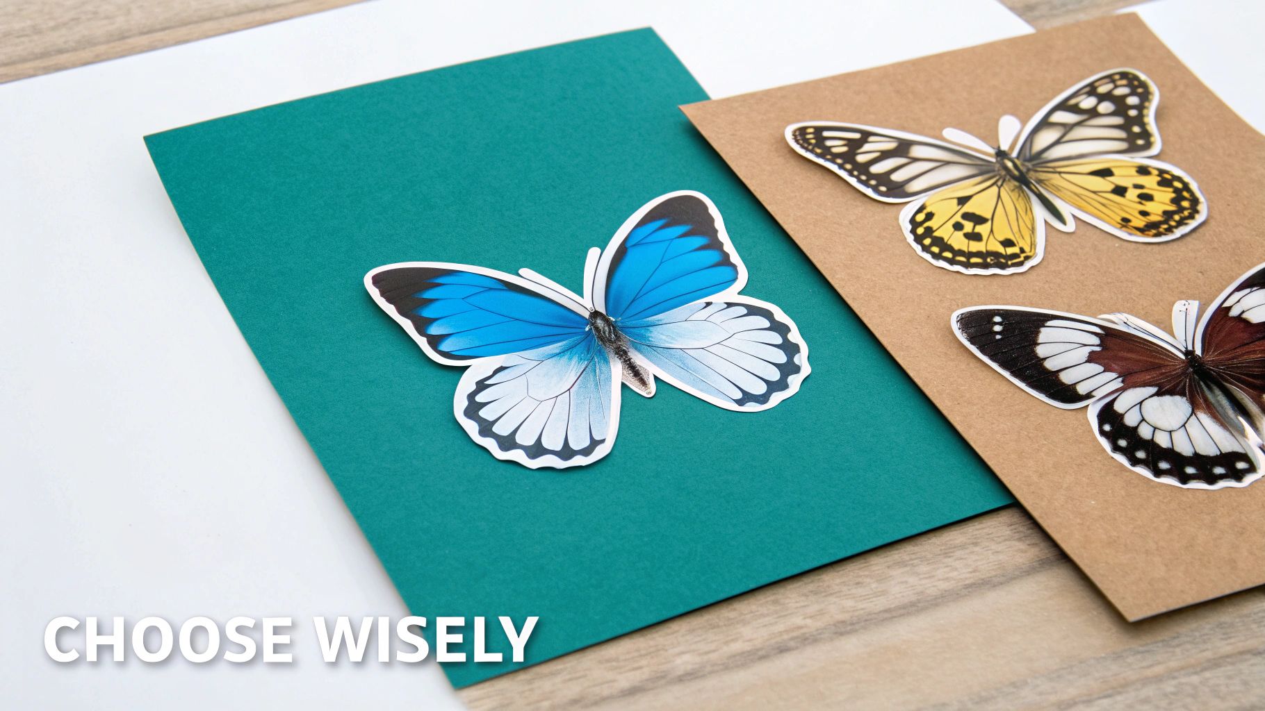 Two cards, one teal and one brown, adorned with vibrant paper butterflies, with text 'CHOOSE WISELY'.